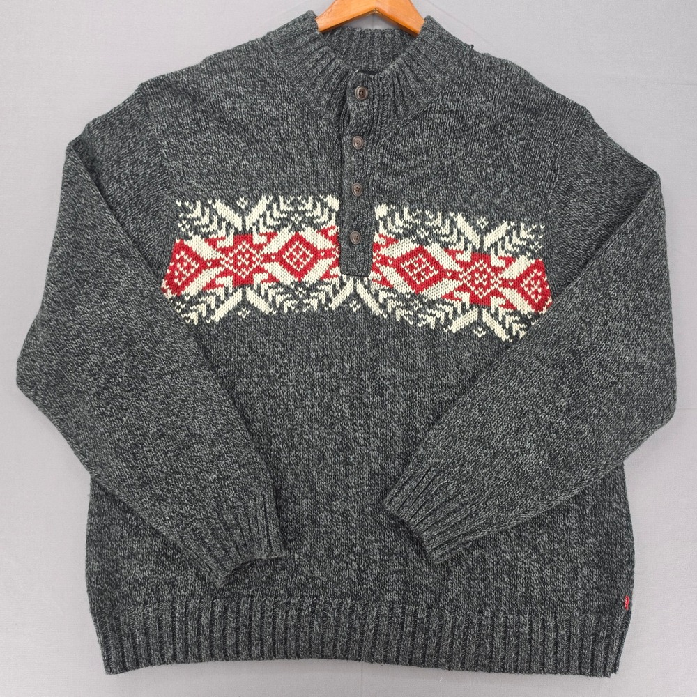 IZOD Mens 3XL Sweater Gray Marl Fair Isle Nordic Wool Blend Mock Neck PulloverA3